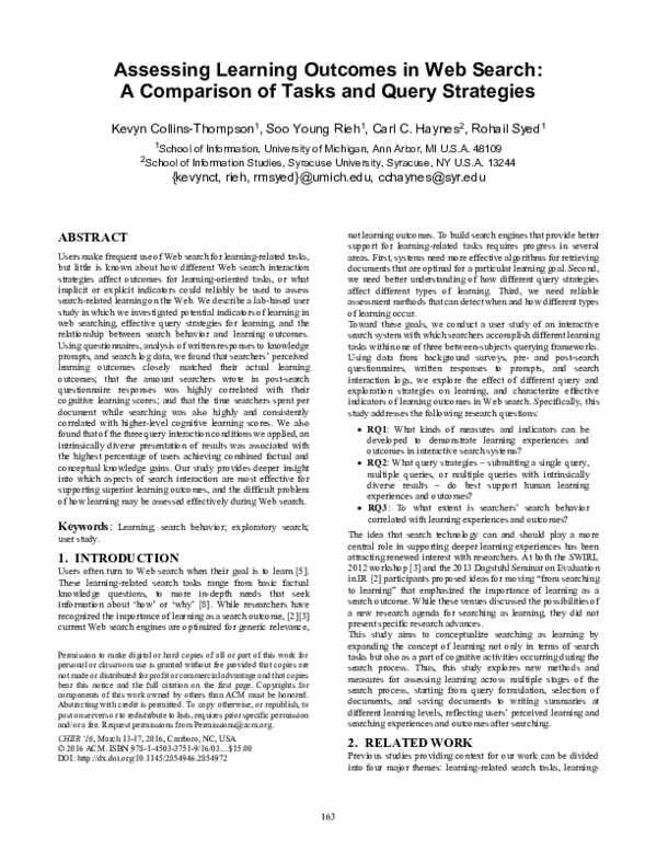 (PDF) Assessing learning outcomes in web searching: A comparison of ...