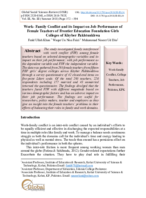 (PDF) Work- Family Conflict and its Impact on Job Performance of Female ...