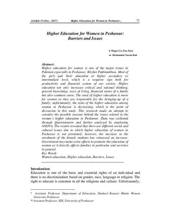 (PDF) Higher Education for Women in Peshawar: Barriers and Issues