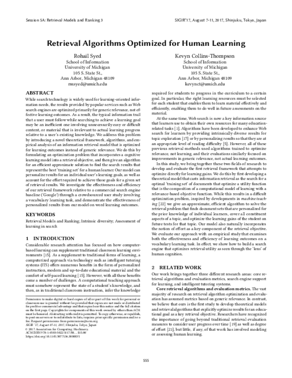 (PDF) Retrieval Algorithms Optimized for Human Learning