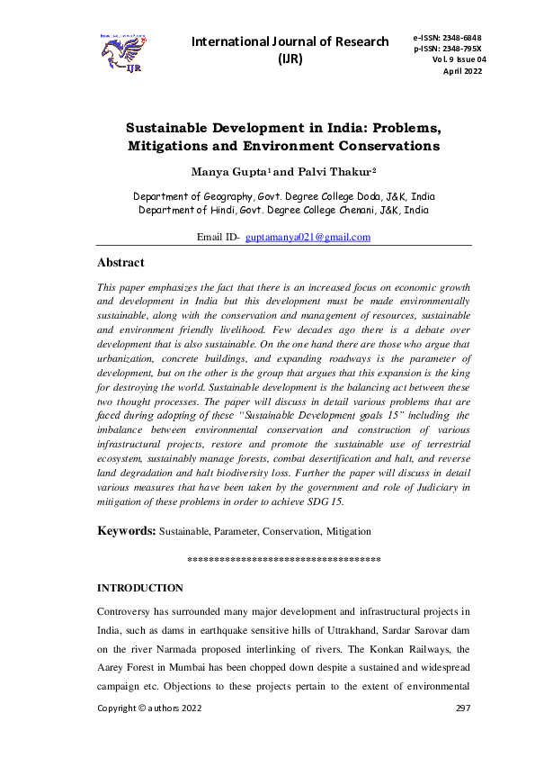 (PDF) Sustainable Development in India:Probmlems, Mitigation and ...
