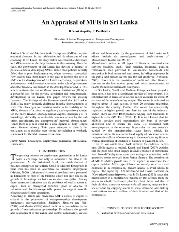 (PDF) An Appraisal of MFIs in Sri Lanka