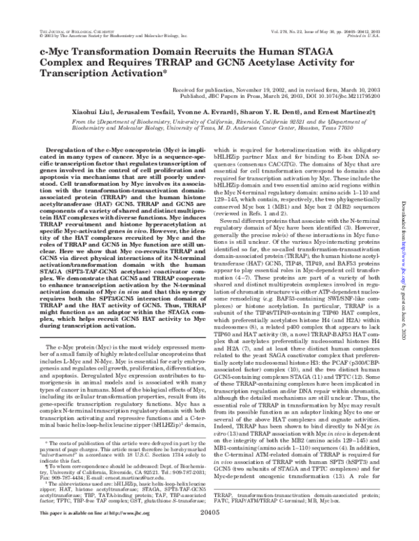 (PDF) c-Myc Transformation Domain Recruits the Human STAGA Complex and ...