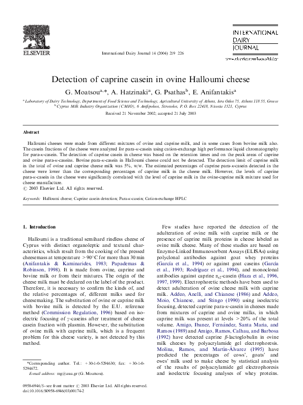 (PDF) Detection of caprine casein in ovine Halloumi cheese