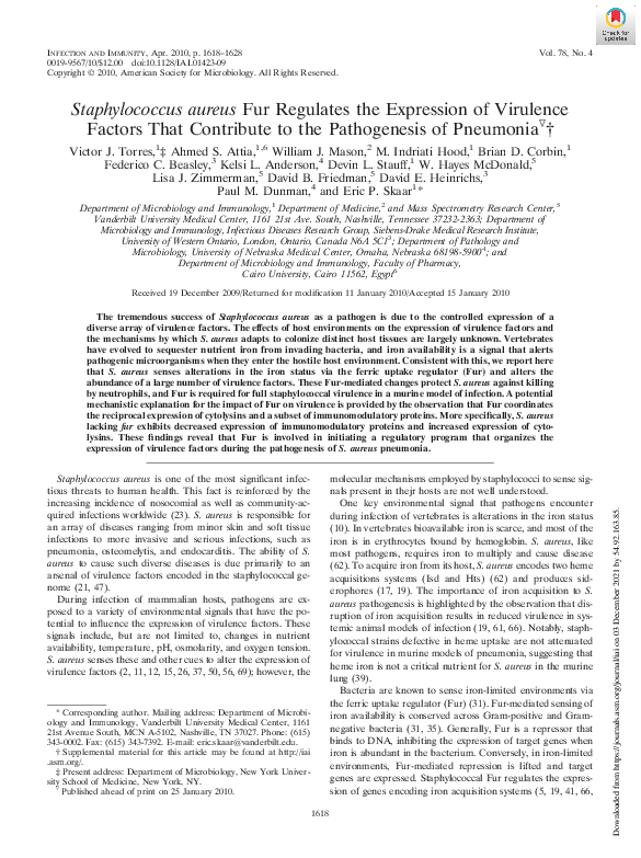 (PDF) Staphylococcus aureus Fur Regulates the Expression of Virulence ...