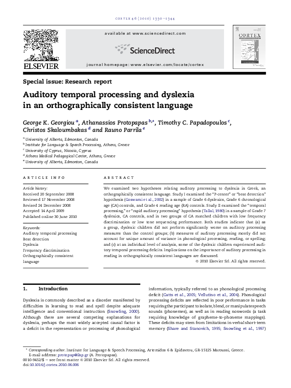 (PDF) Auditory temporal processing and dyslexia in an orthographically ...