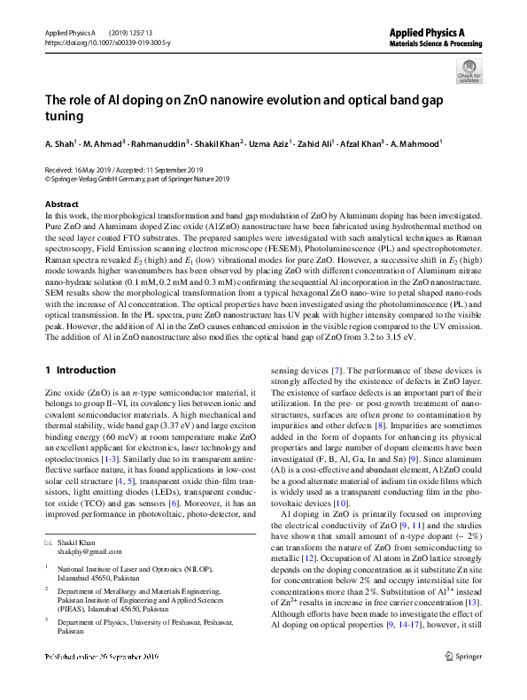 (PDF) The role of Al doping on ZnO nanowire evolution and optical band ...