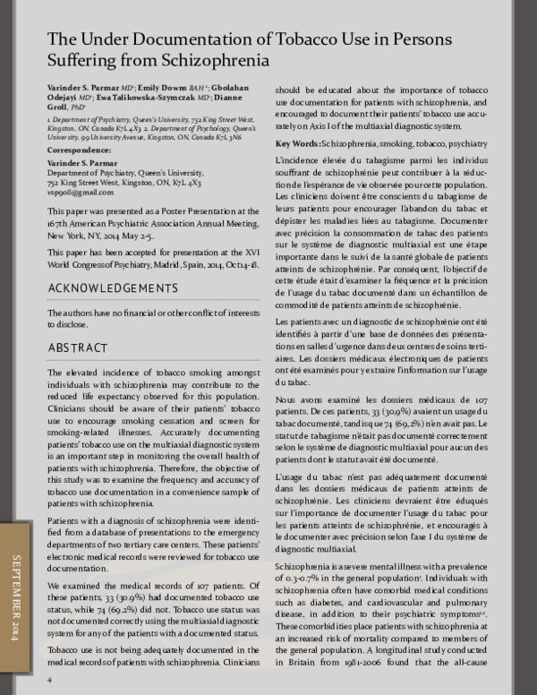 the american psychiatric association defines tobacco use disorder as PDF) The Under Documentation of Tobacco Use in Persons Suffering from  Schizophrenia
