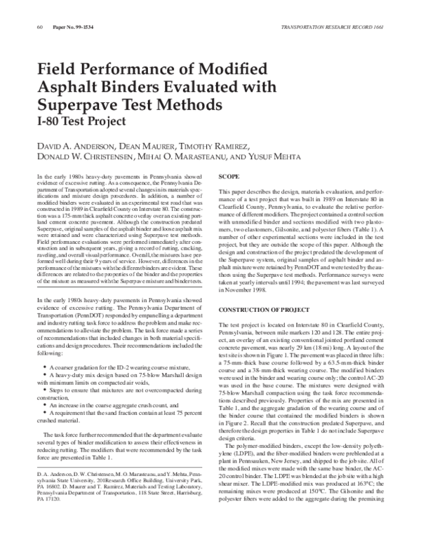 (PDF) Field Performance of Modified Asphalt Binders Evaluated with ...