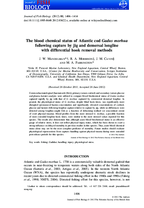(PDF) The blood chemical status of Atlantic cod Gadus morhua following ...