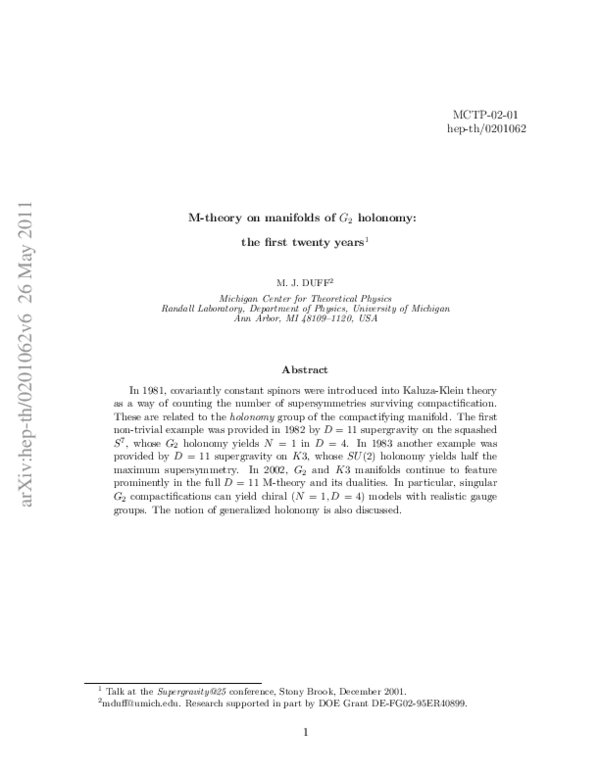 (PDF) M-theory on manifolds of $ G_ {2} $ holonomy: the first twenty years