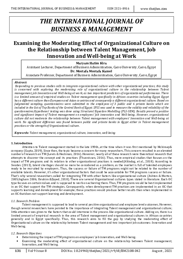 (PDF) Examining the Moderating Effect of Organizational Culture on the ...