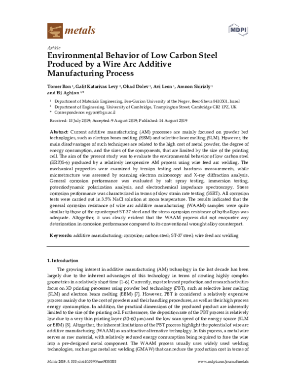 (PDF) Environmental Behavior of Low Carbon Steel Produced by a Wire Arc ...