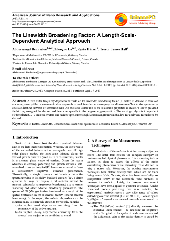 (PDF) The Linewidth Broadening Factor A LengthScaleDependent