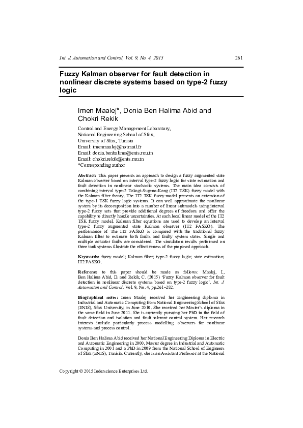 (PDF) Fuzzy Kalman observer for fault detection in nonlinear discrete ...