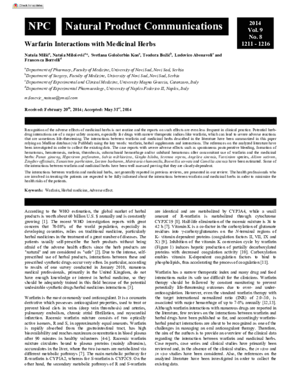 (PDF) Warfarin Interactions with Medicinal Herbs Ludovico Abenavoli Academia.edu