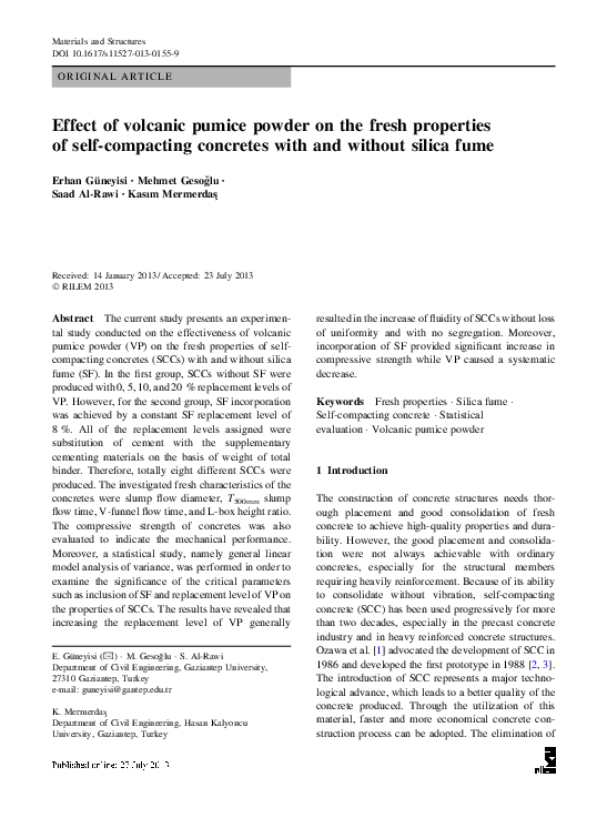 (PDF) Effect of volcanic pumice powder on the fresh properties of self ...