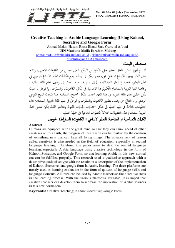 (PDF) Creative Teaching in Arabic Language Learning (Using Kahoot ...