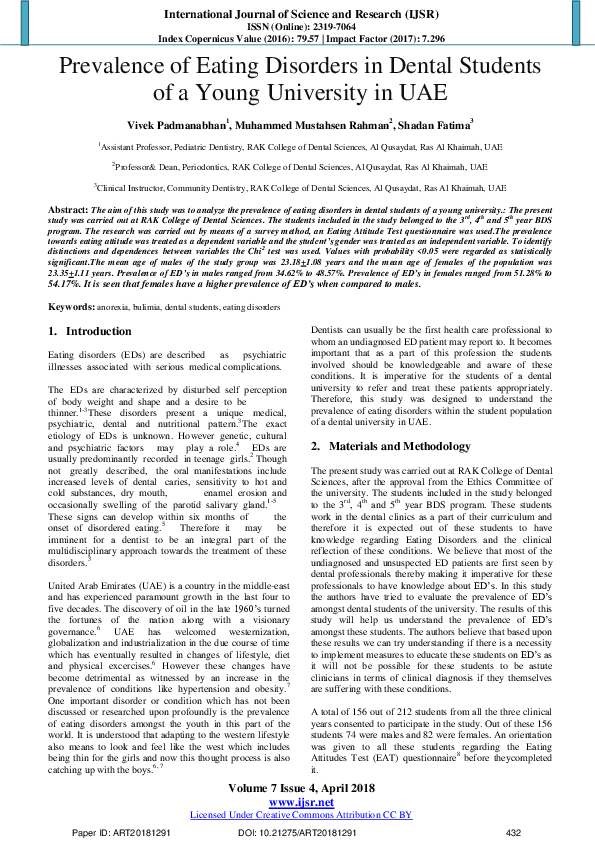 (PDF) Prevalence of Eating Disorders in Dental Students of a Young ...