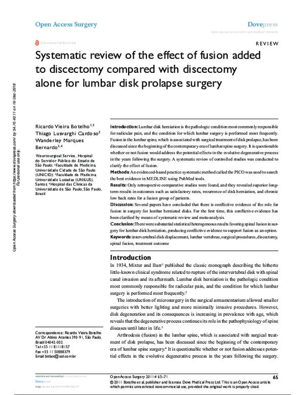 (PDF) Systematic review of the effect of fusion added to discectomy ...