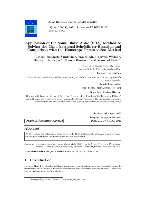 (PDF) Application of the Some Blaise Abbo (SBA) Method to Solving the ...