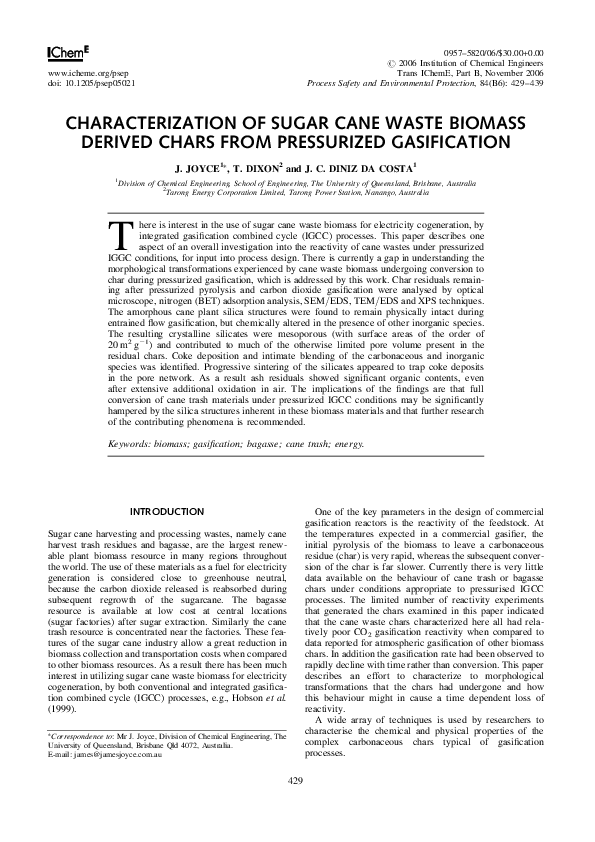 (PDF) Characterization of Sugar Cane Waste Biomass Derived Chars from ...