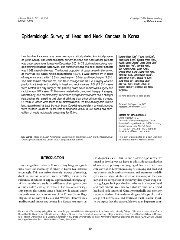 (PDF) Epidemiologic survey of head and neck cancers in Korea
