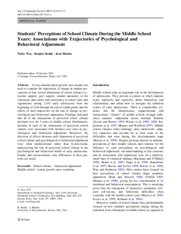 (PDF) Students’ Perceptions of School Climate During the Middle School ...