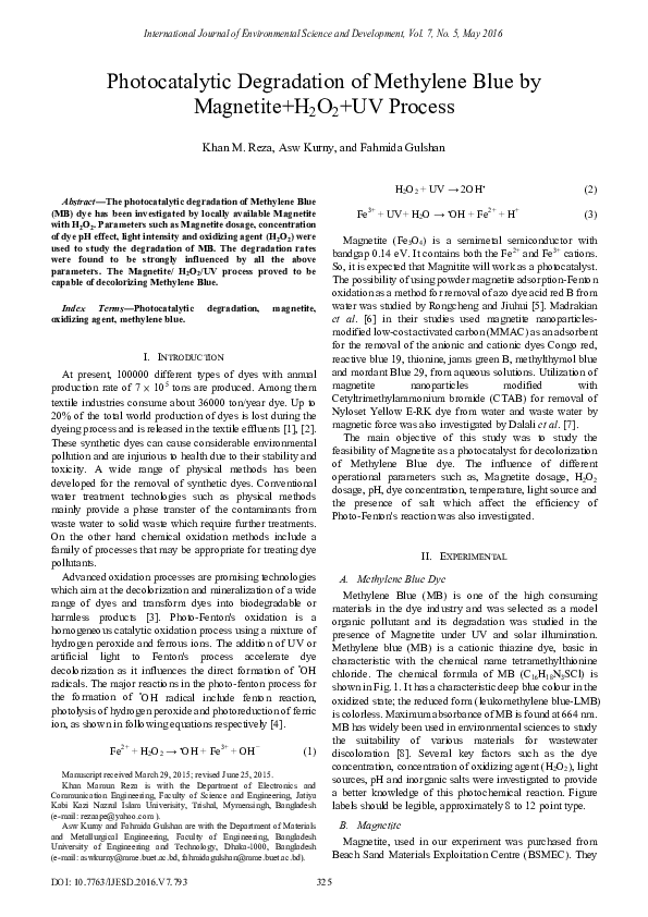 (PDF) Photocatalytic Degradation of Methylene Blue by Magnetite+H2O2+UV ...