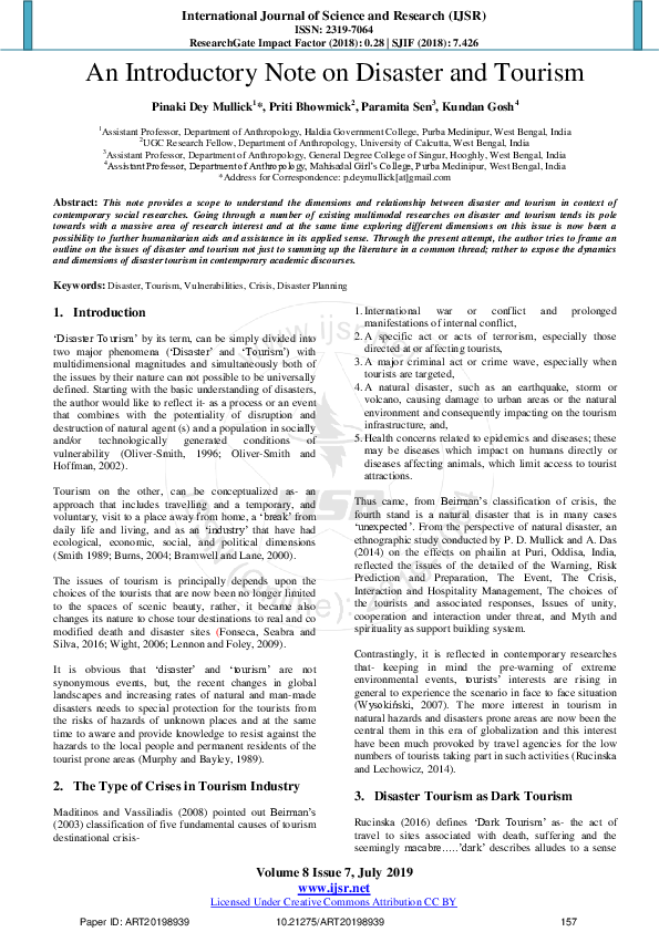(PDF) An Introductory Note on Disaster and Tourism
