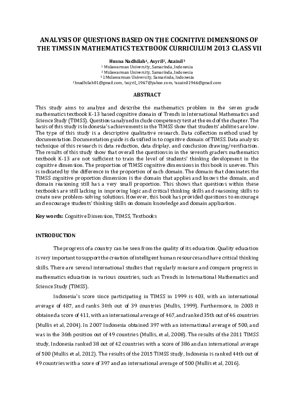 (PDF) Analysis of Questions Based on the Cognitive Dimensions of the ...