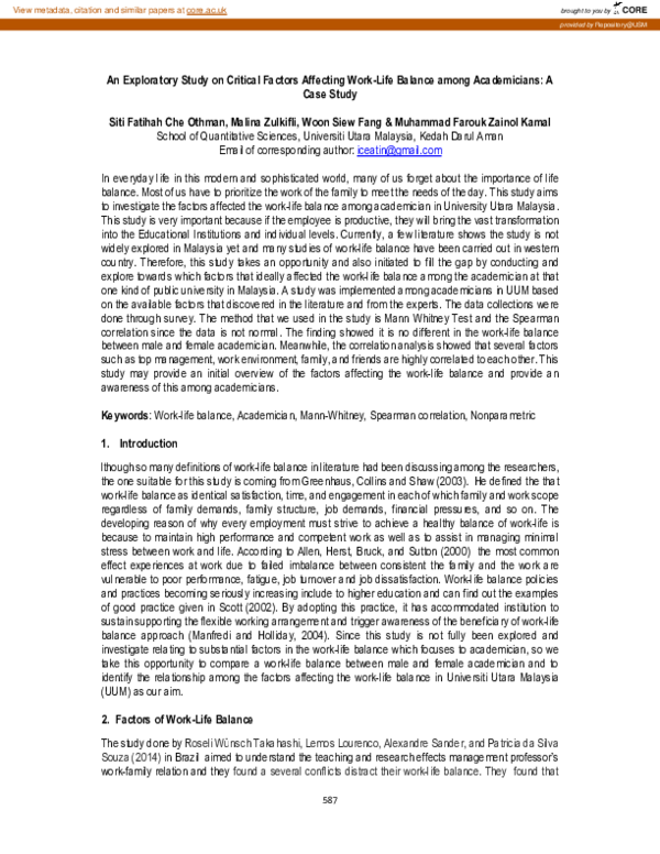 (PDF) An Exploratory Study on Critical Factors Affecting Work-Life ...
