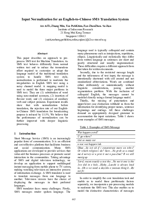(PDF) Input normalization for an english-to-chinese sms translation system