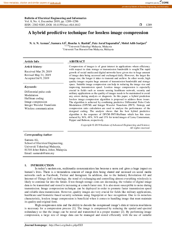 (PDF) A hybrid predictive technique for lossless image compression