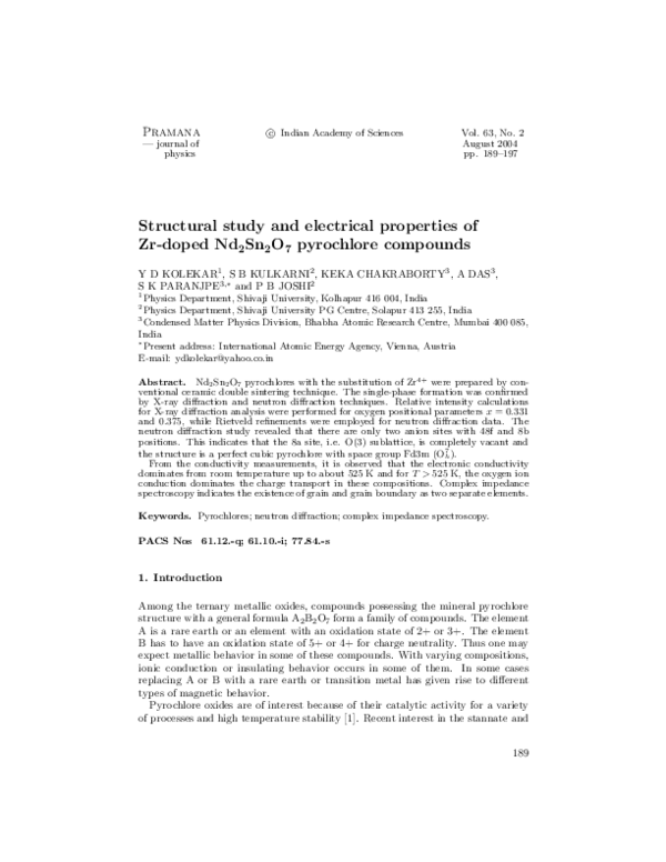 (PDF) Structural study and electrical properties of Zr-doped Nd2Sn2O7 ...