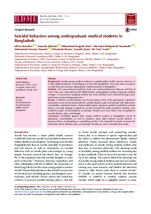 (PDF) Suicidal behaviors among undergraduate medical students in Bangladesh