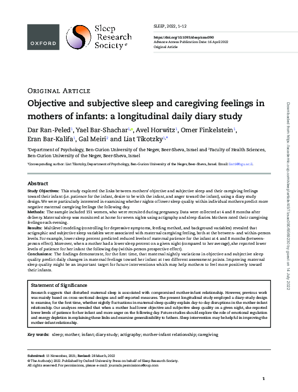 (PDF) Objective and subjective sleep and caregiving feelings in mothers ...