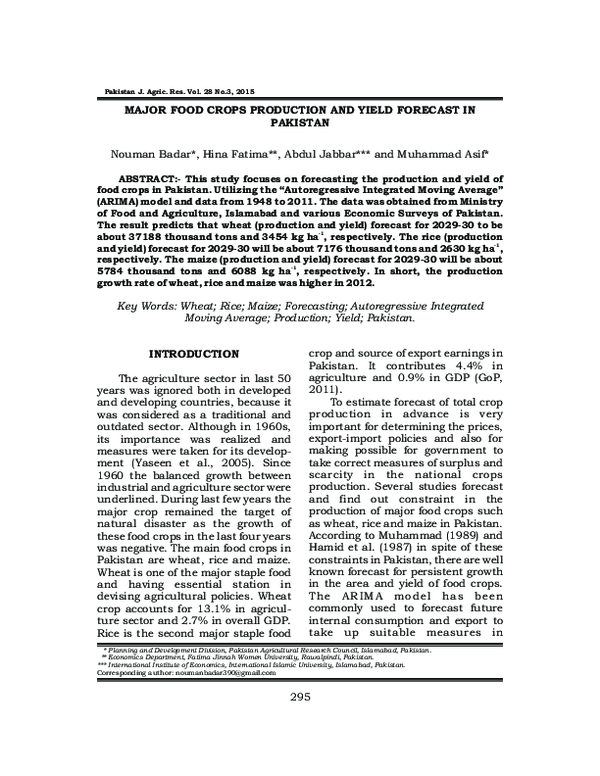 (PDF) Major food crops production and yield forecast in Pakistan