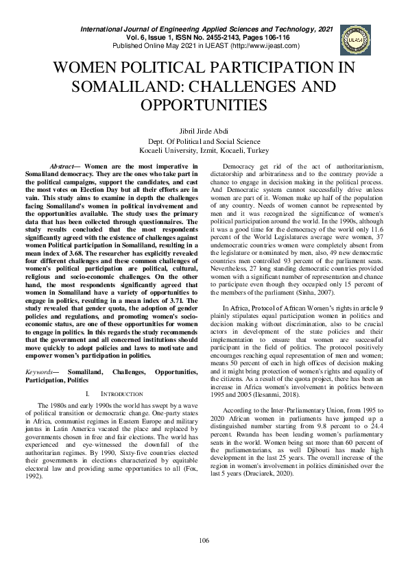 (PDF) Women Political Participation in Somaliland: Challenges and ...
