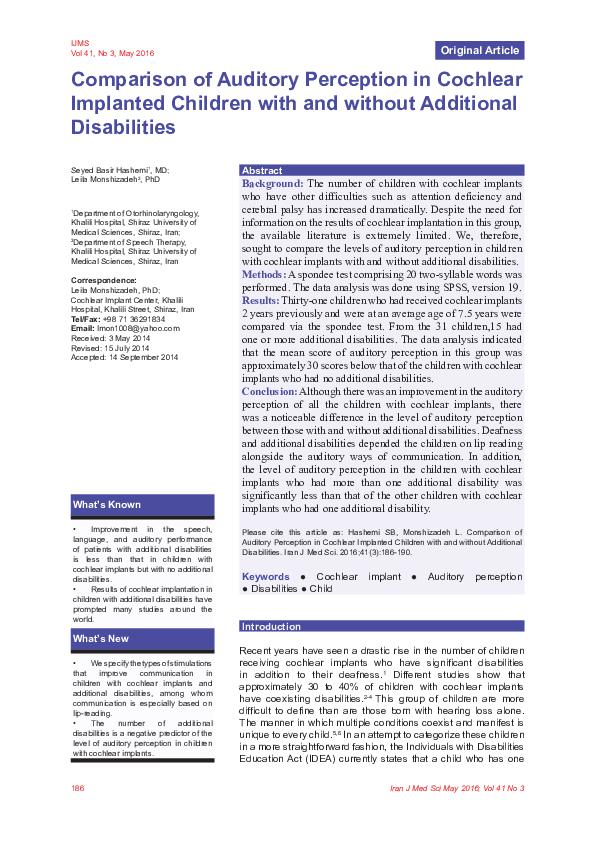 (PDF) Comparison of Auditory Perception in Cochlear Implanted Children ...