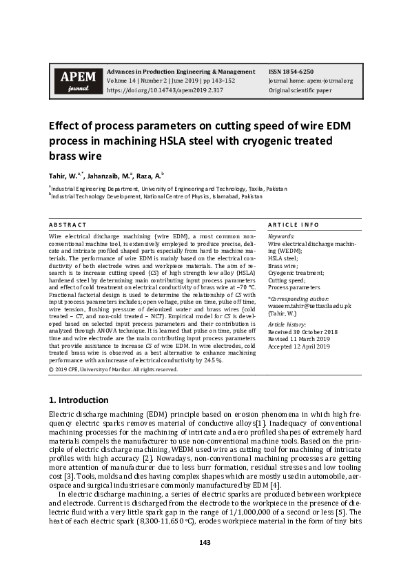 (PDF) Effect of process parameters on cutting speed of wire EDM process ...
