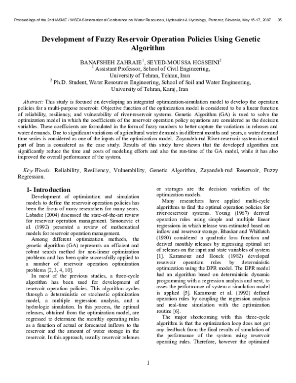 (PDF) 1 Development of Fuzzy Reservoir Operation Policies Using Genetic ...