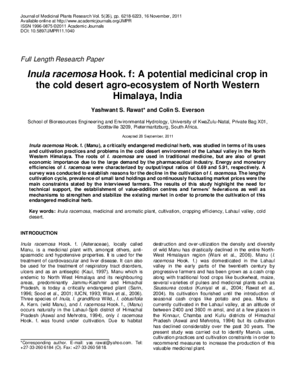 (PDF) Inula racemosa Hook. f: A potential medicinal crop in the cold ...
