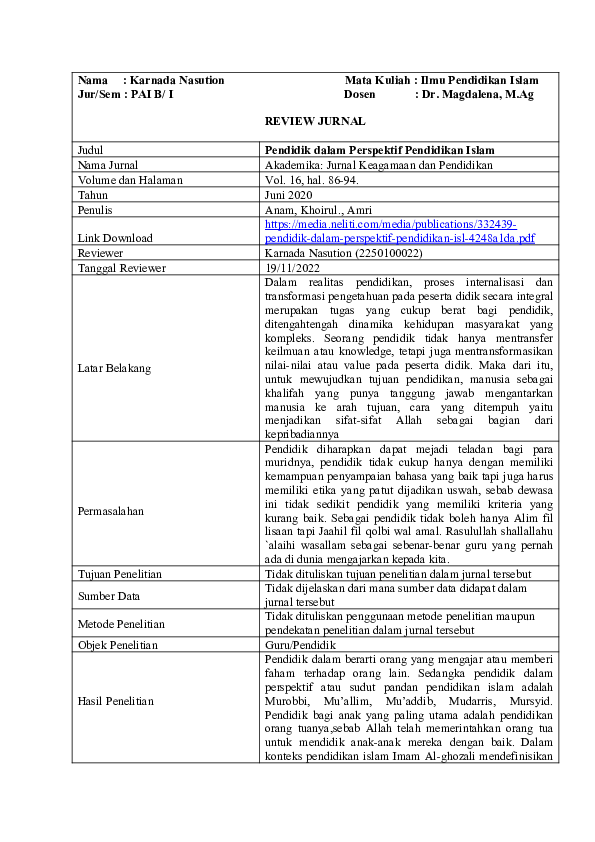 (DOC) Critical Review Jurnal Ilmu Pendidikan Islam