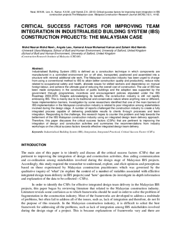 (PDF) Critical success factors for improving team integration in IBS ...