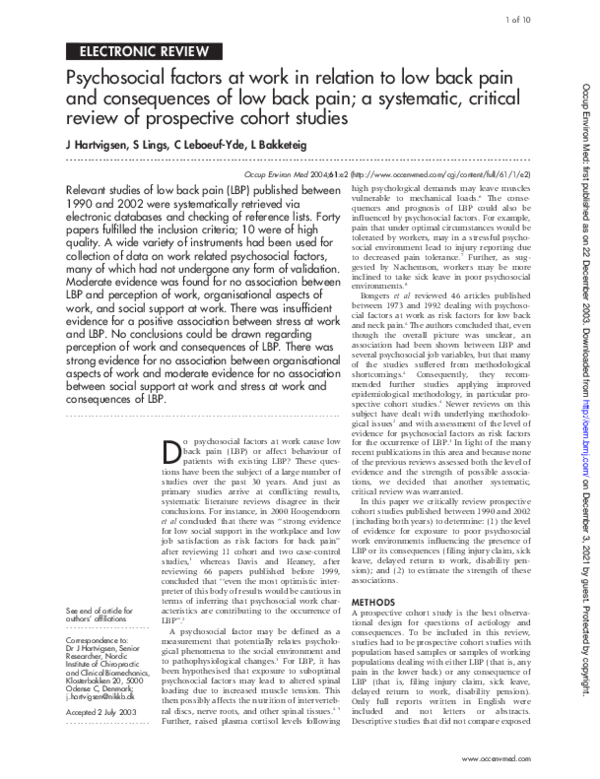 (PDF) Psychosocial factors at work in relation to low back pain and ...