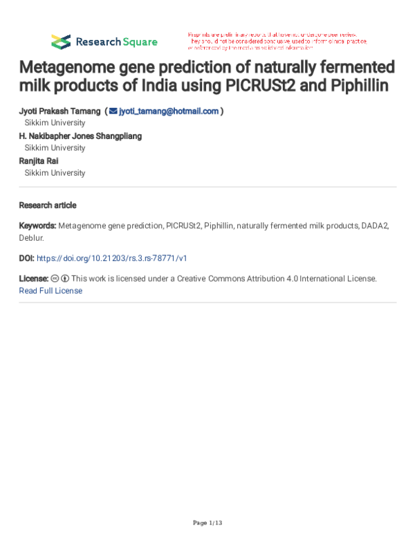 (PDF) Metagenome gene prediction of naturally fermented milk products ...