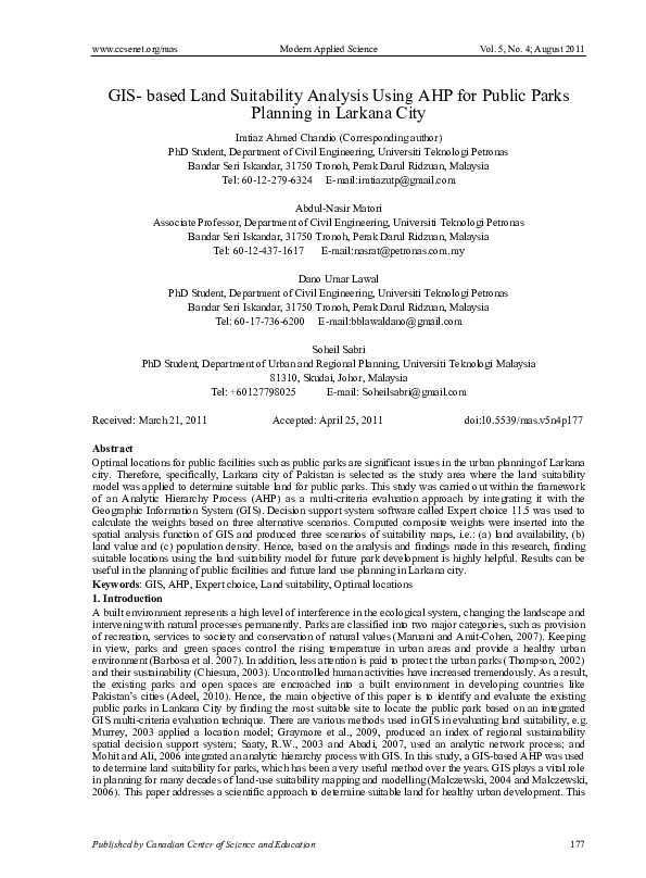 (PDF) GIS- based Land Suitability Analysis Using AHP for Public Parks ...