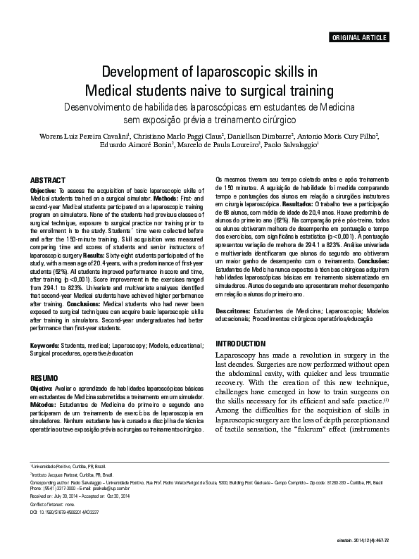 (PDF) Development of laparoscopic skills in Medical students naive to ...