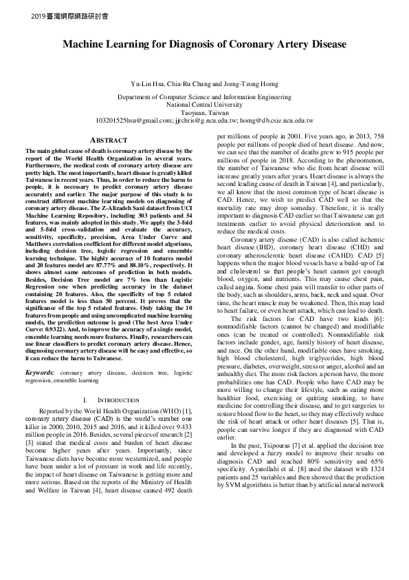 (PDF) Machine Learning for Diagnosis of Coronary Artery Disease